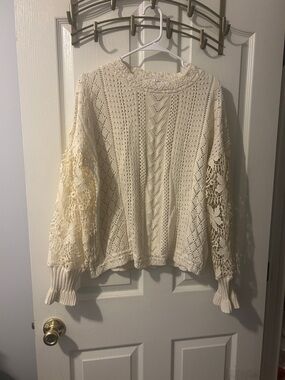 DAVI & DANI Cream Crochet Lace-Sleeve Scoop Neck Sweater